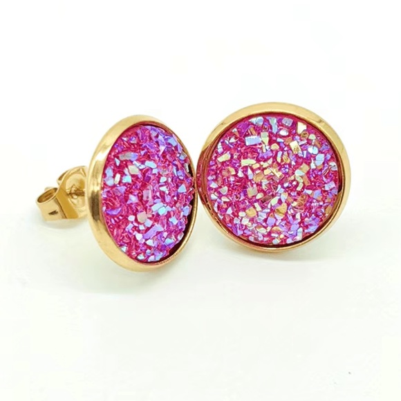Jewelry - Hot Pink Glitter and Gold Round Stud Earrings